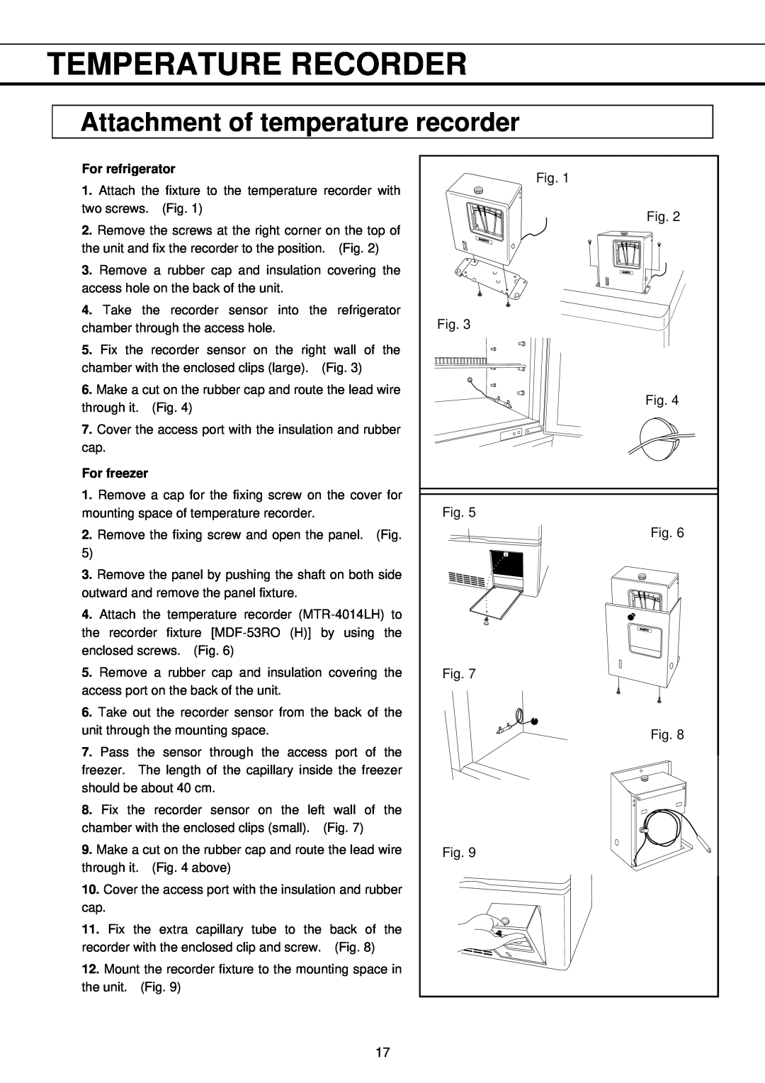 Sanyo MPR-411FR instruction manual Attachment of temperature recorder, Temperature Recorder 