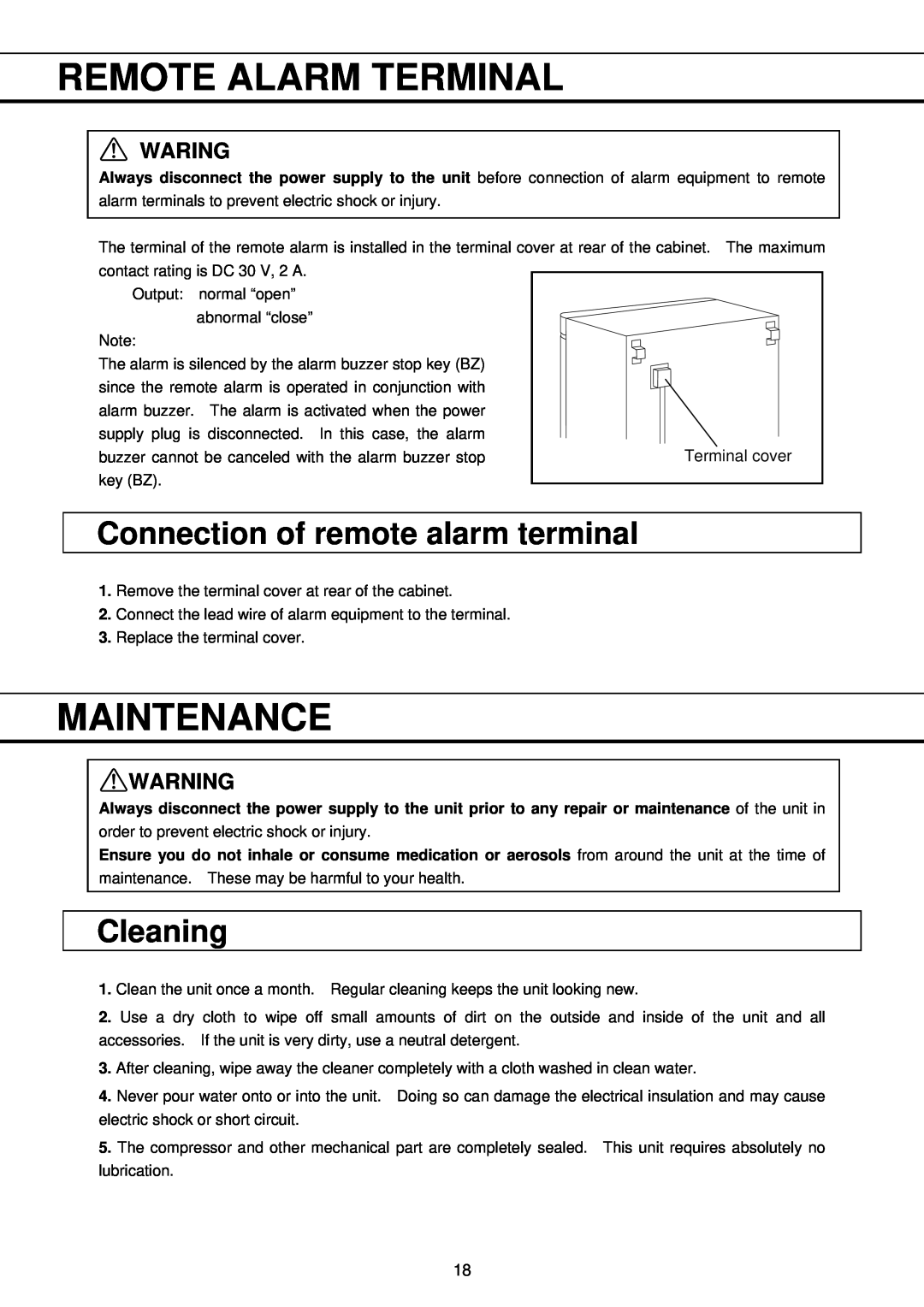 Sanyo MPR-411FR Remote Alarm Terminal, Maintenance, Connection of remote alarm terminal, Cleaning, Waring 