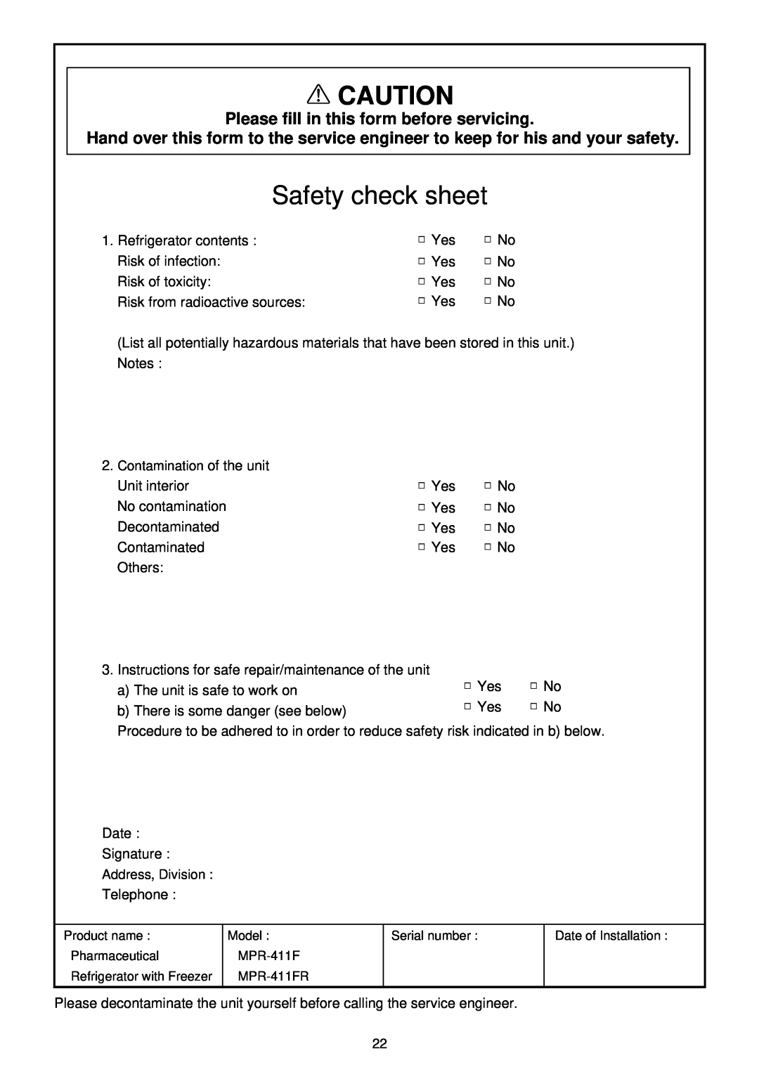 Sanyo MPR-411FR instruction manual Safety check sheet, Please fill in this form before servicing 