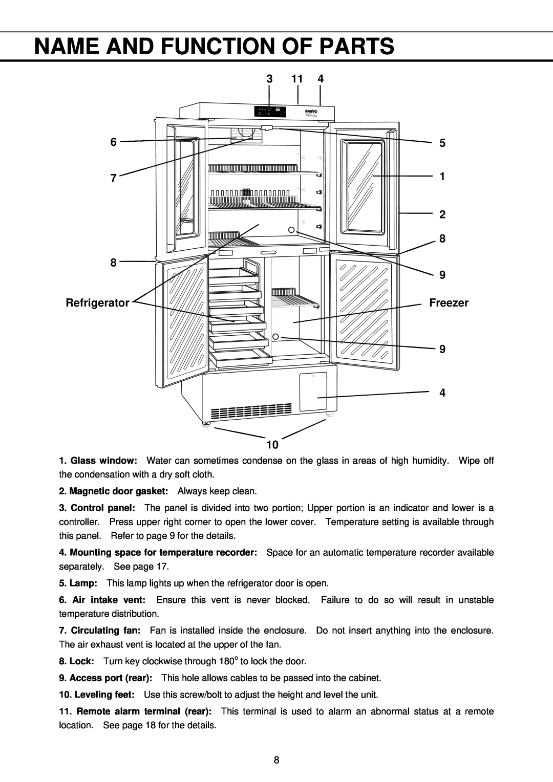 Sanyo MPR-411FR instruction manual Name And Function Of Parts, 6 7 8 Refrigerator, 3 11 5 1 2 8 9 Freezer 