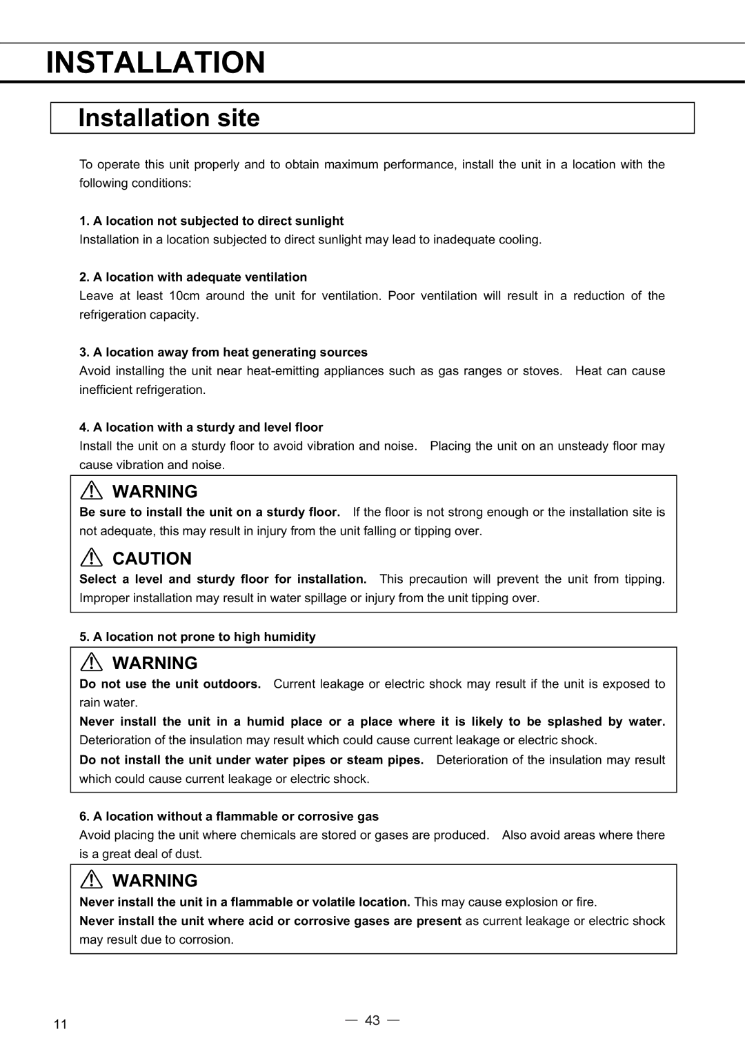 Sanyo MPR-414FS instruction manual Installation site 