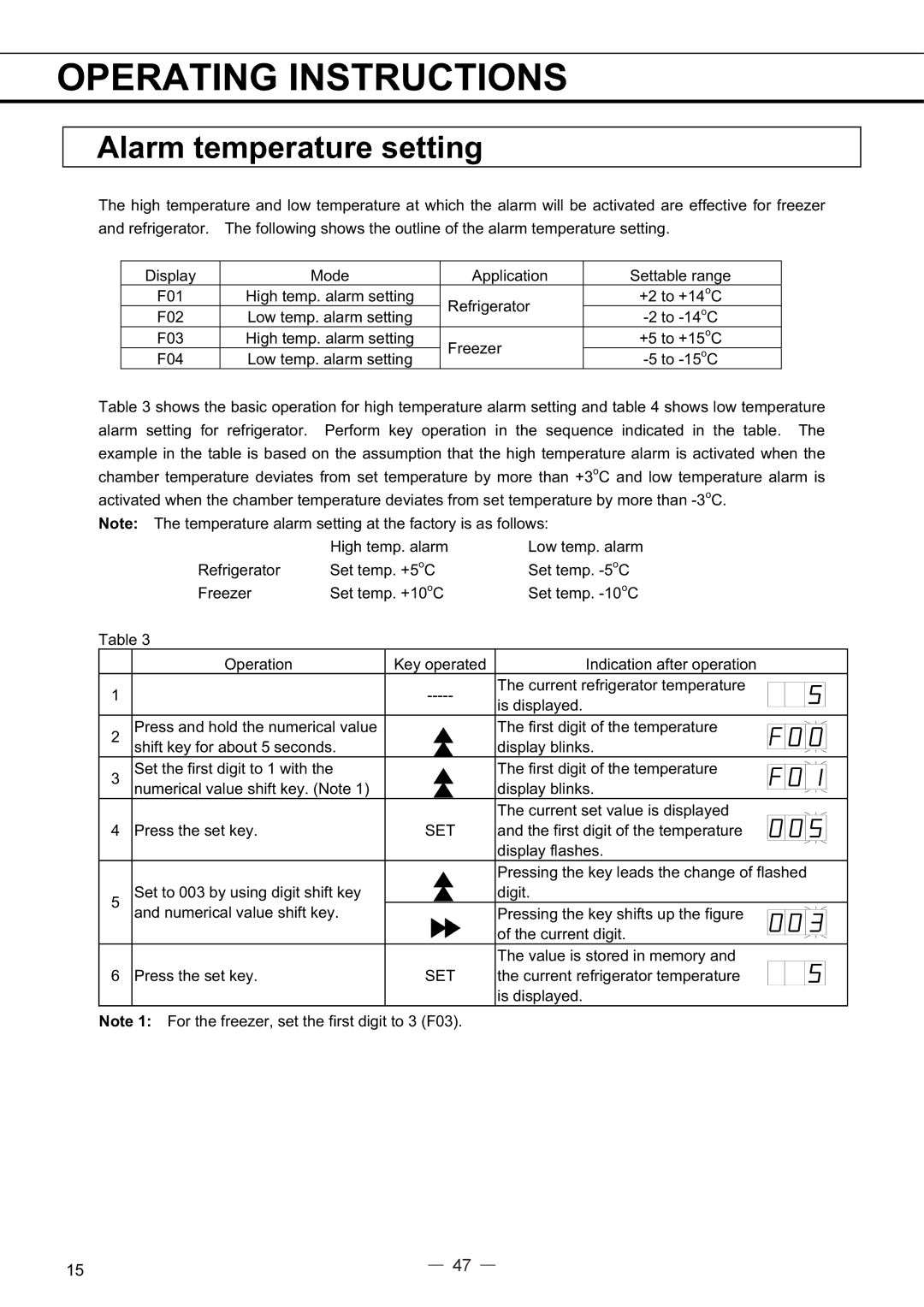 Sanyo MPR-414FS instruction manual Alarm temperature setting 