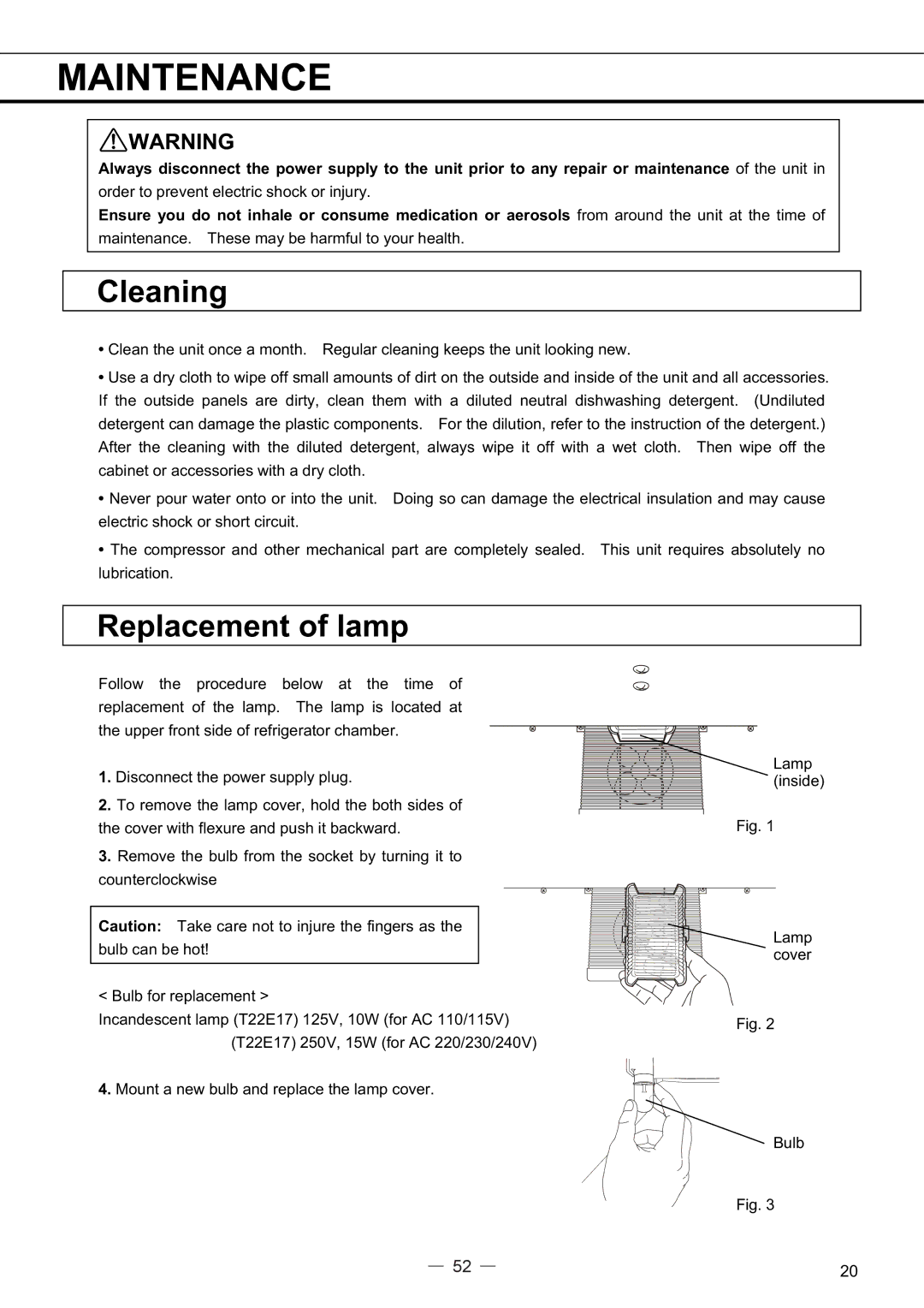 Sanyo MPR-414FS instruction manual Maintenance, Cleaning, Replacement of lamp 