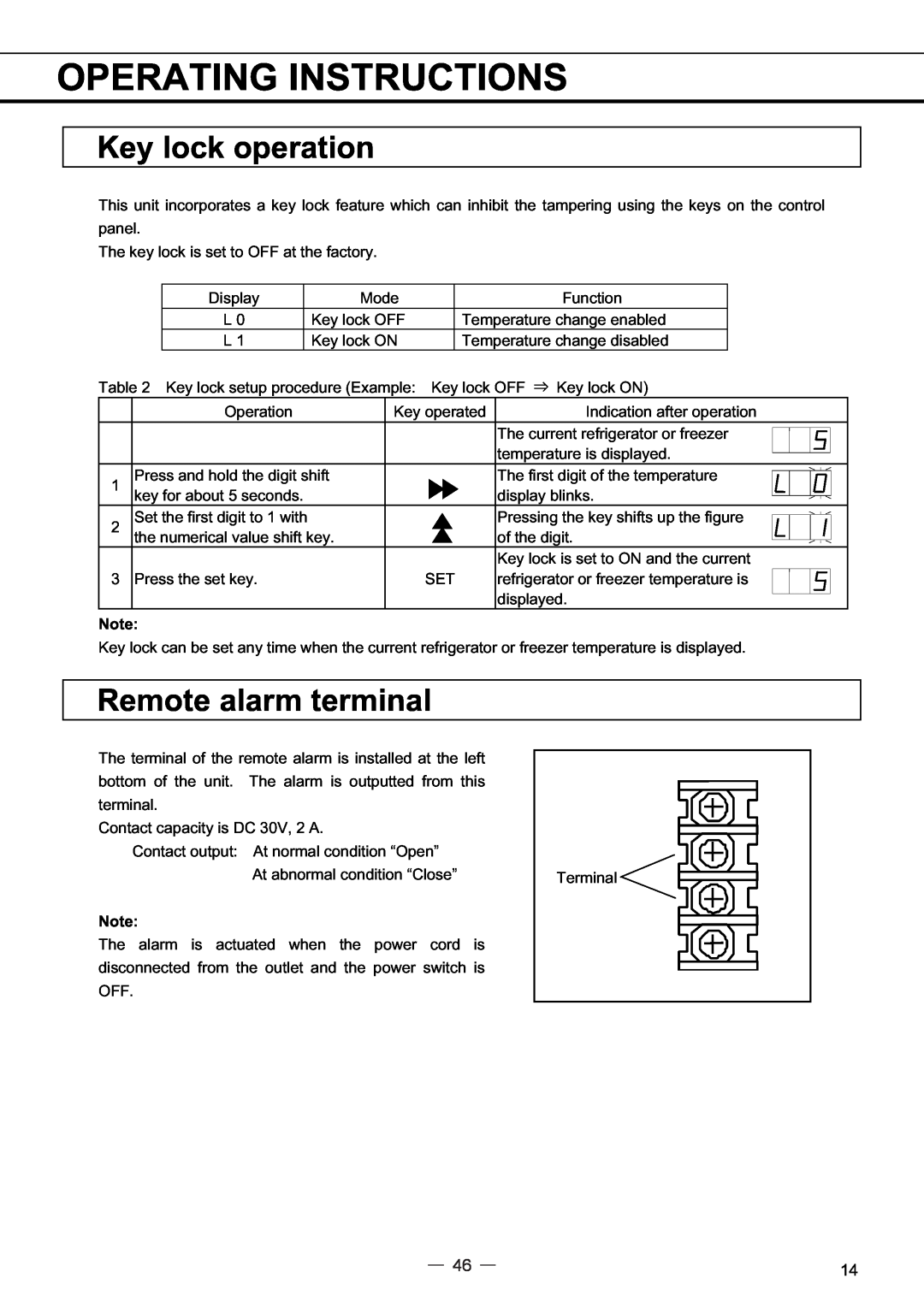 Sanyo MPR-414FS instruction manual Key lock operation, Remote alarm terminal, Operating Instructions 