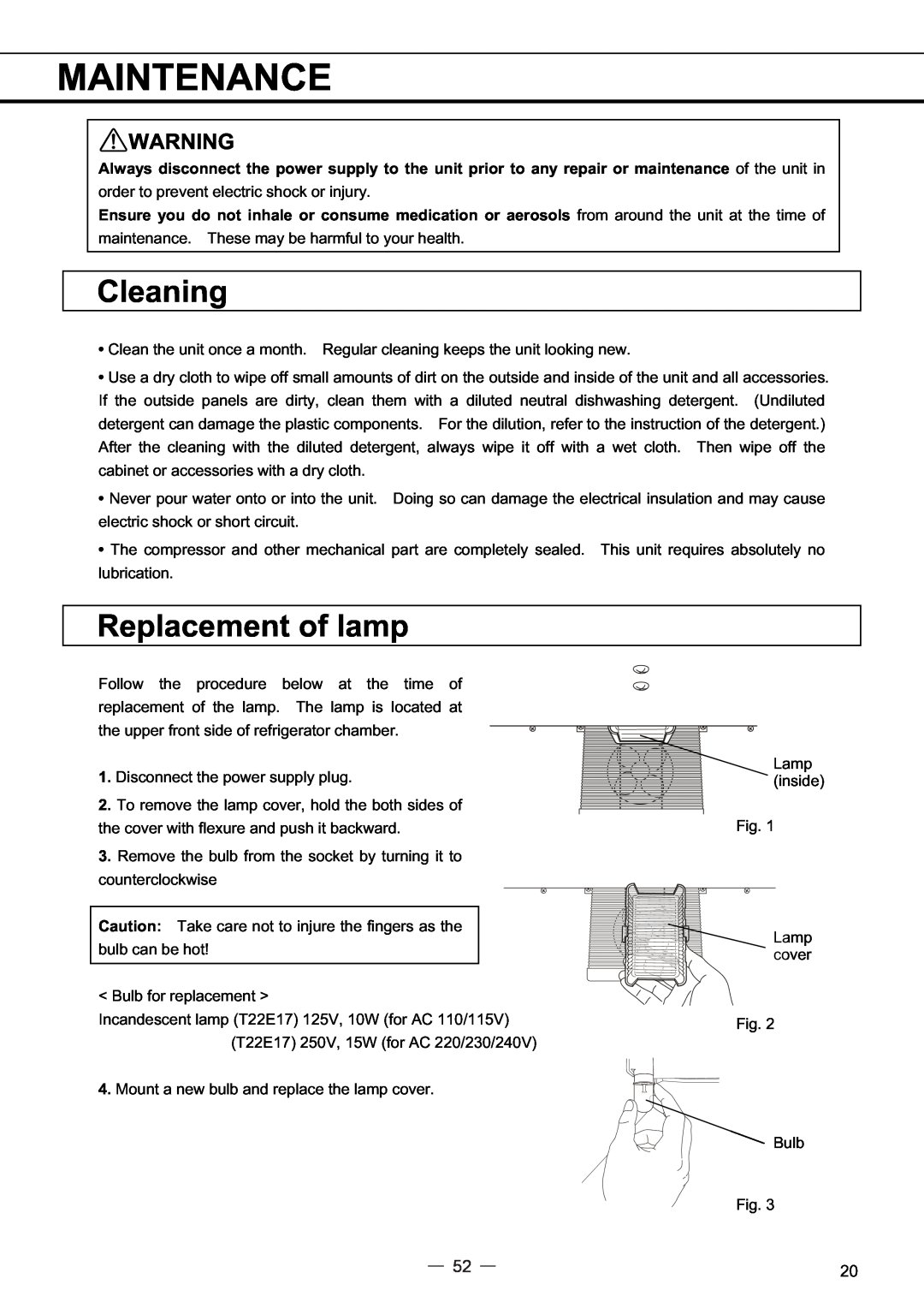 Sanyo MPR-414FS instruction manual Maintenance, Cleaning, Replacement of lamp 