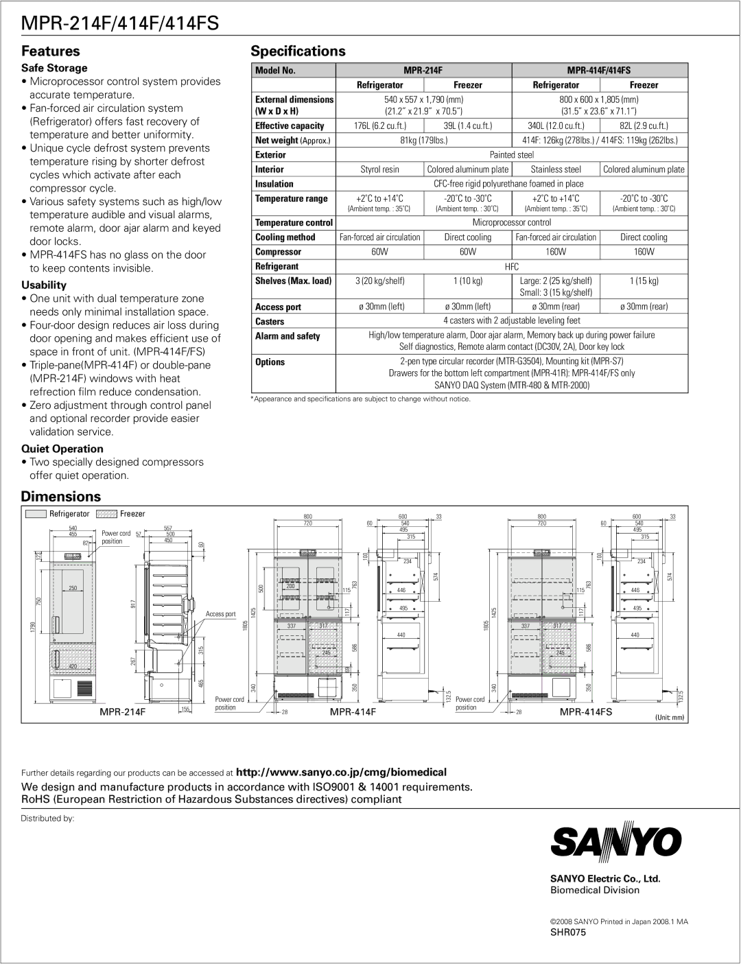 Sanyo MPR-414FS manual Features, Dimensions Specifications, Safe Storage, Usability, Quiet Operation 