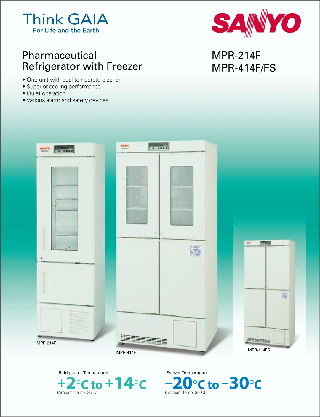 Sanyo MPR-414FS manual Pharmaceutical, MPR-214F, Refrigerator with Freezer, MPR-414F/FS, Various alarm and safety devices 