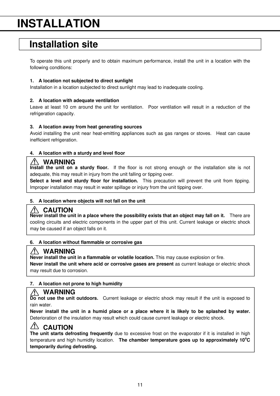 Sanyo MPR-513R, MPR-1013R instruction manual Installation site 