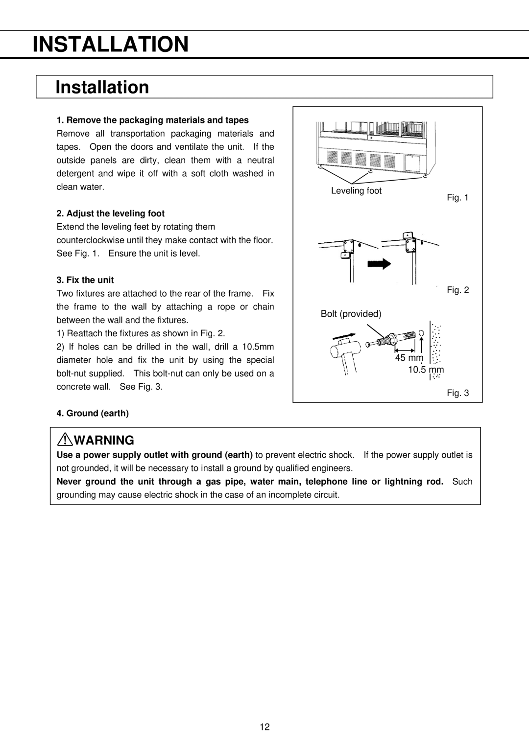 Sanyo MPR-513R, MPR-1013R instruction manual Installation, Fix the unit, Ground earth 