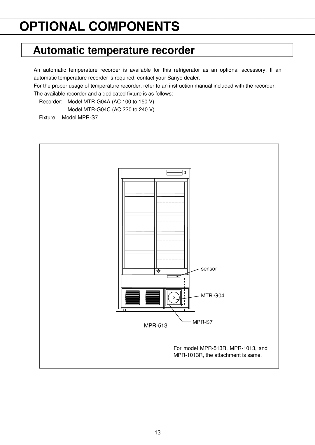 Sanyo MPR-513R, MPR-1013R instruction manual Optional Components, Automatic temperature recorder 