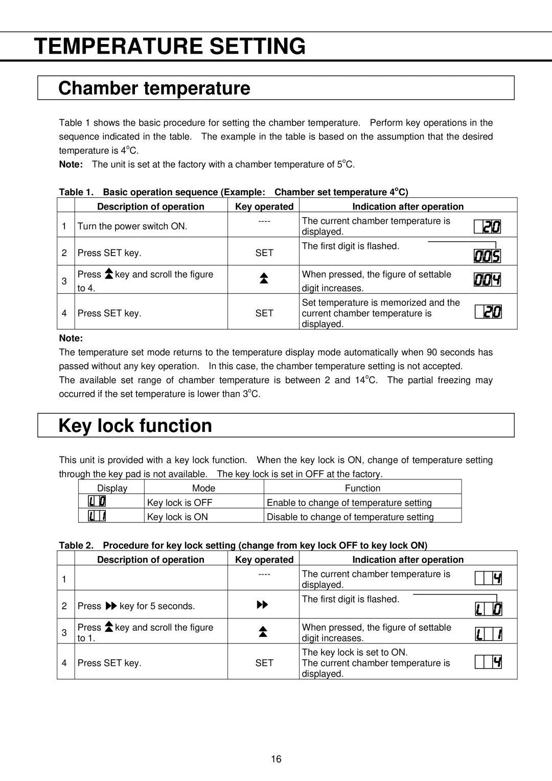 Sanyo MPR-513R, MPR-1013R instruction manual Temperature Setting, Chamber temperature, Key lock function 