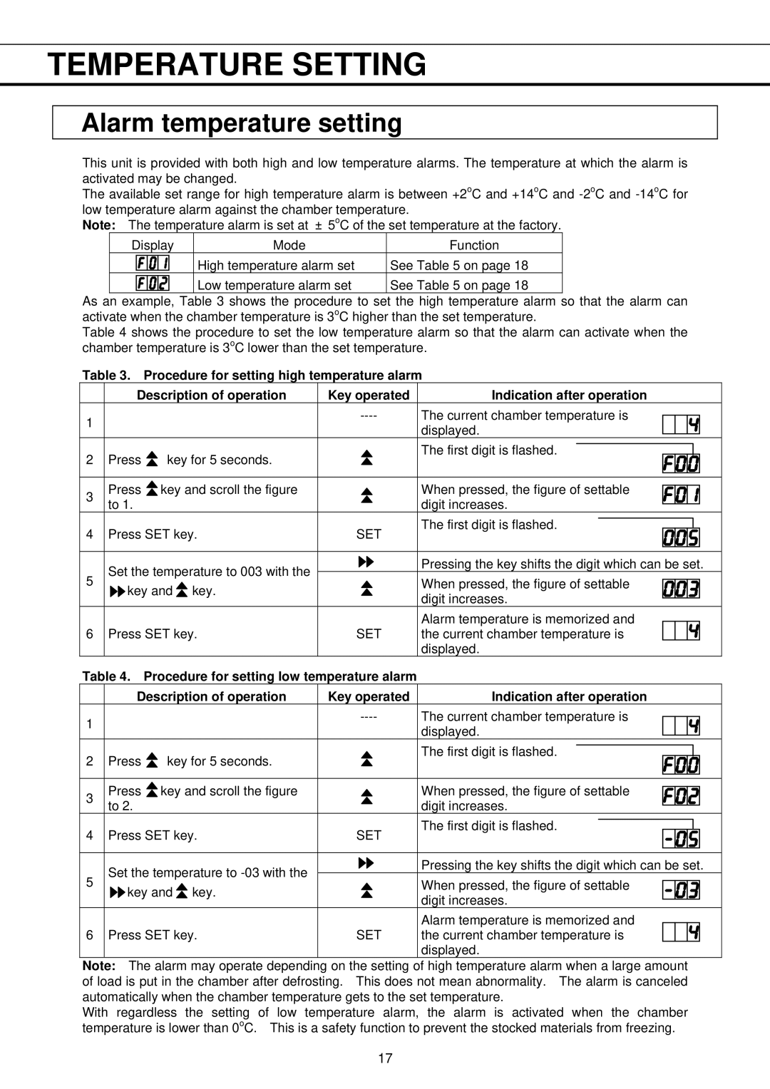 Sanyo MPR-513R, MPR-1013R instruction manual Alarm temperature setting 