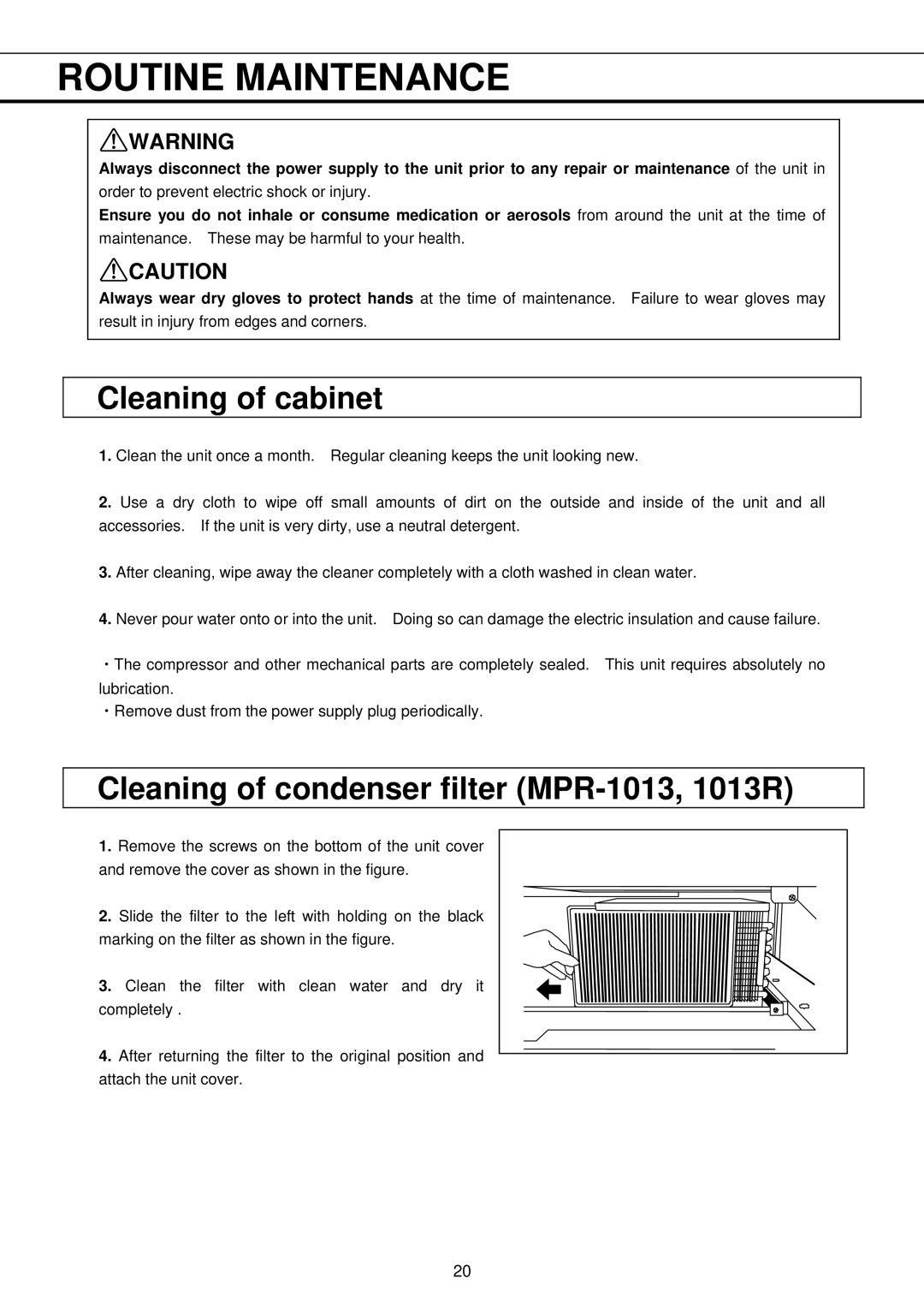 Sanyo MPR-513R, MPR-1013R Routine Maintenance, Cleaning of cabinet, Cleaning of condenser filter MPR-1013, 1013R 