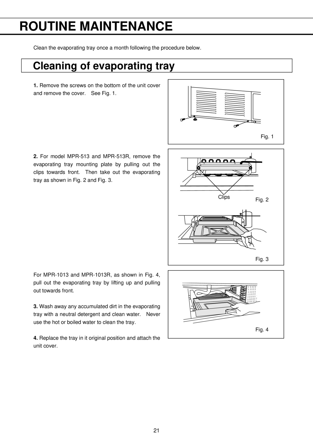 Sanyo MPR-513R, MPR-1013R instruction manual Cleaning of evaporating tray 