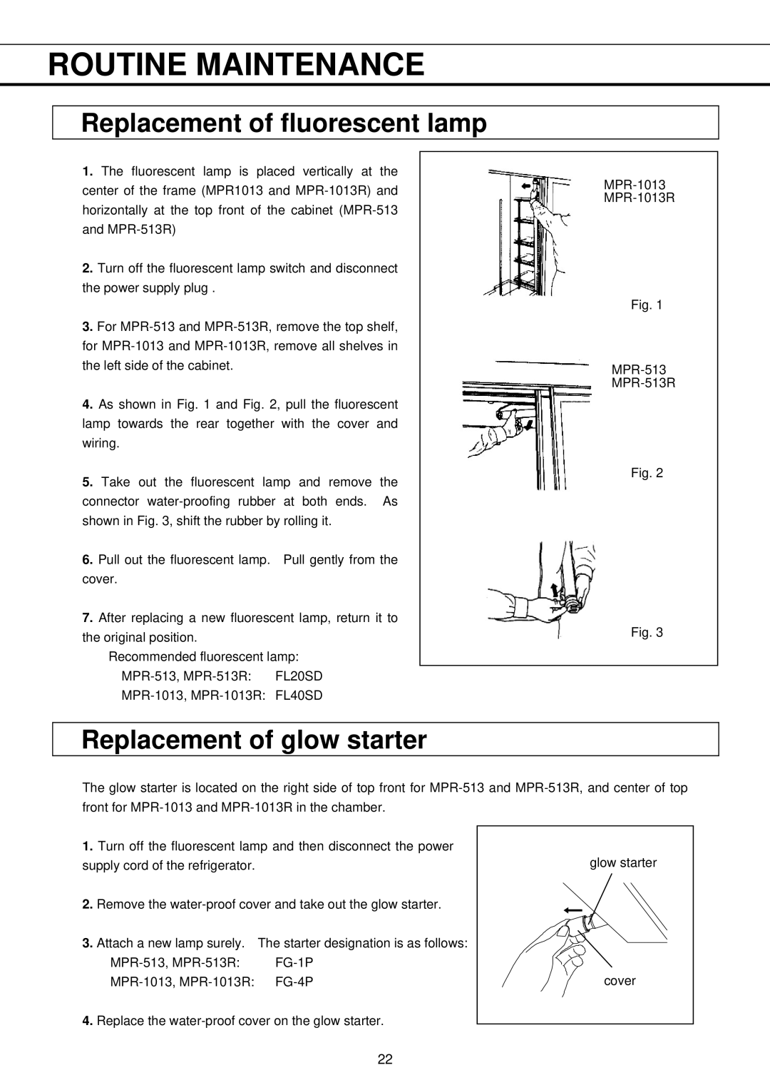 Sanyo MPR-1013R, MPR-513R instruction manual Replacement of fluorescent lamp, Replacement of glow starter 