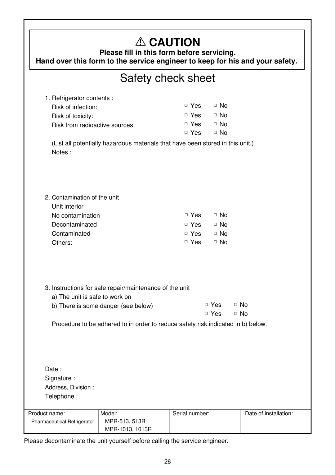 Sanyo MPR-1013R, MPR-513R instruction manual Safety check sheet 