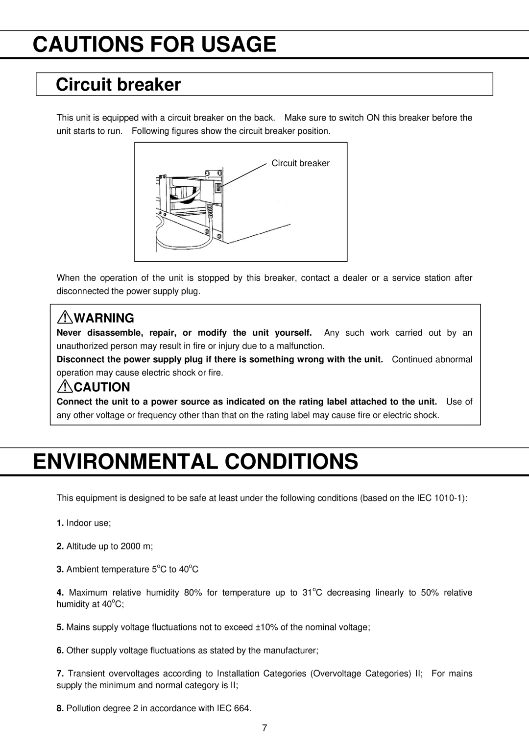 Sanyo MPR-513R, MPR-1013R instruction manual Environmental Conditions, Circuit breaker 