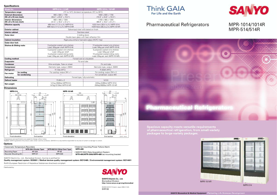 Sanyo MPR-514R, MPR-1014R dimensions Specifications, Dimensions, Options 