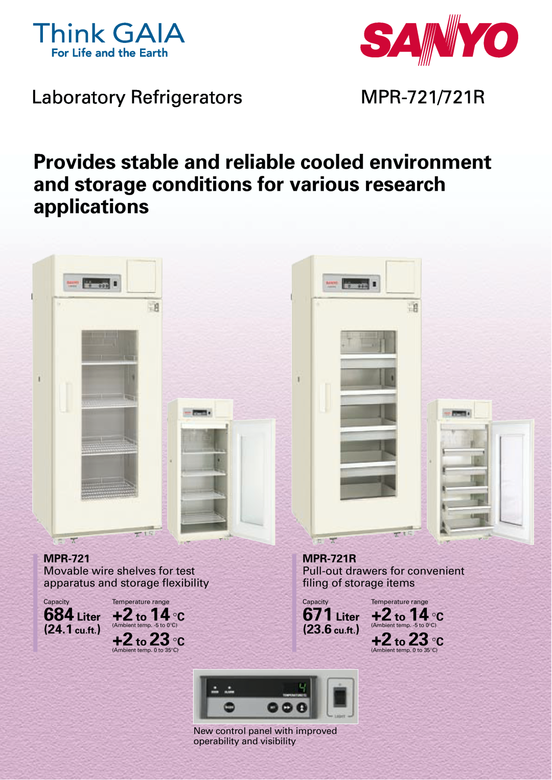 Sanyo manual Laboratory Refrigerators, Liter +2 to 14 C, MPR-721/721R, +2 to 23 C, 24.1 cu.ft, 23.6 cu.ft, MPR-721R 