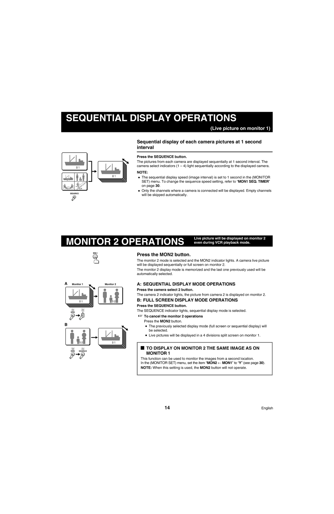 Sanyo MPX-MD4 instruction manual Sequential Display Operations, Monitor 2 Operations, Press the MON2 button 