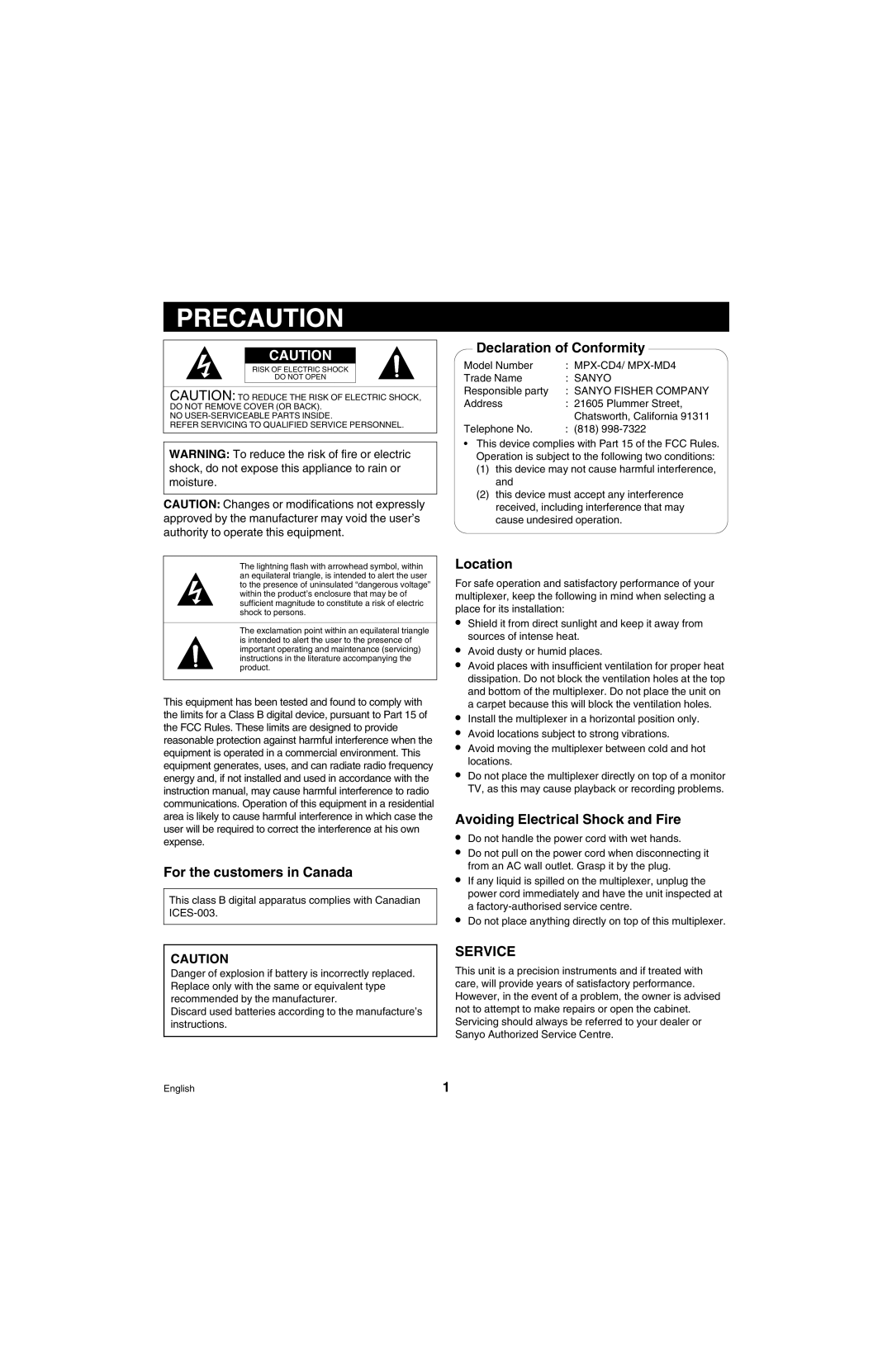 Sanyo MPX-MD4 instruction manual Precaution, For the customers in Canada 