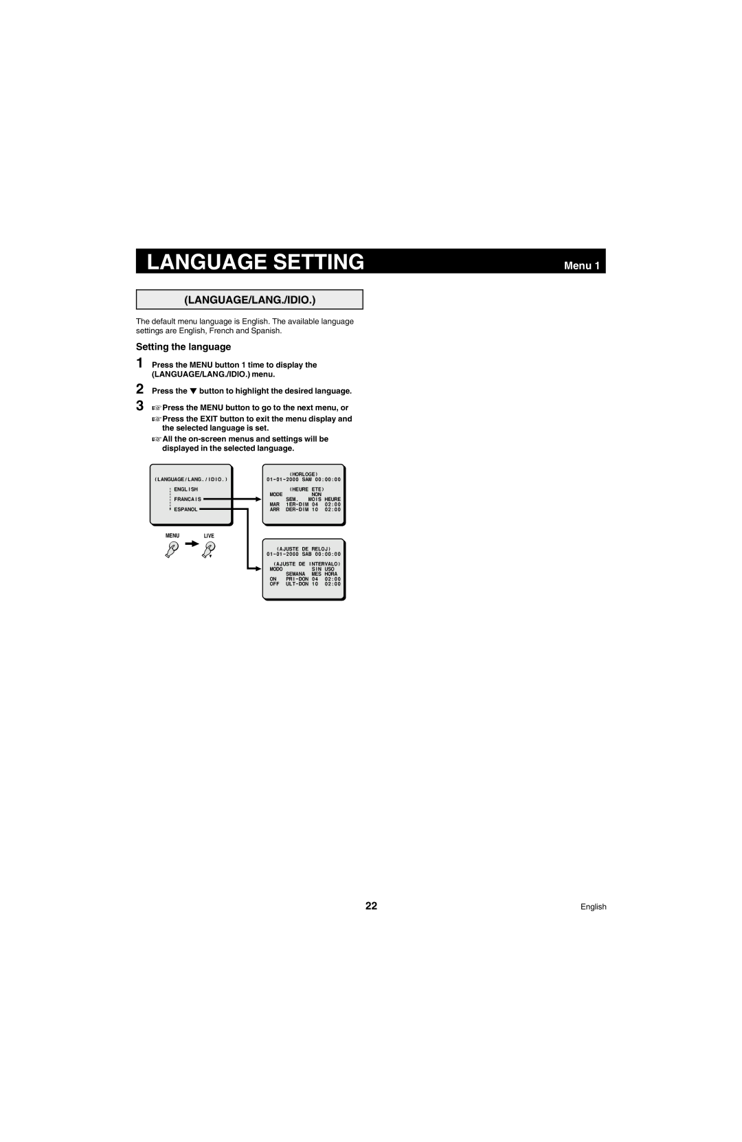 Sanyo MPX-MD4 instruction manual Language Setting, Language/Lang./Idio, Setting the language 