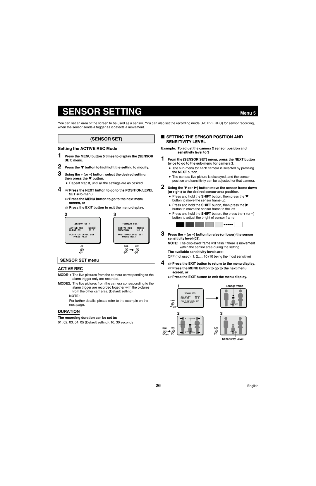 Sanyo MPX-MD4 Sensor Setting, Sensor SET, Setting the Active REC Mode, Setting the Sensor Position and Sensitivity Level 