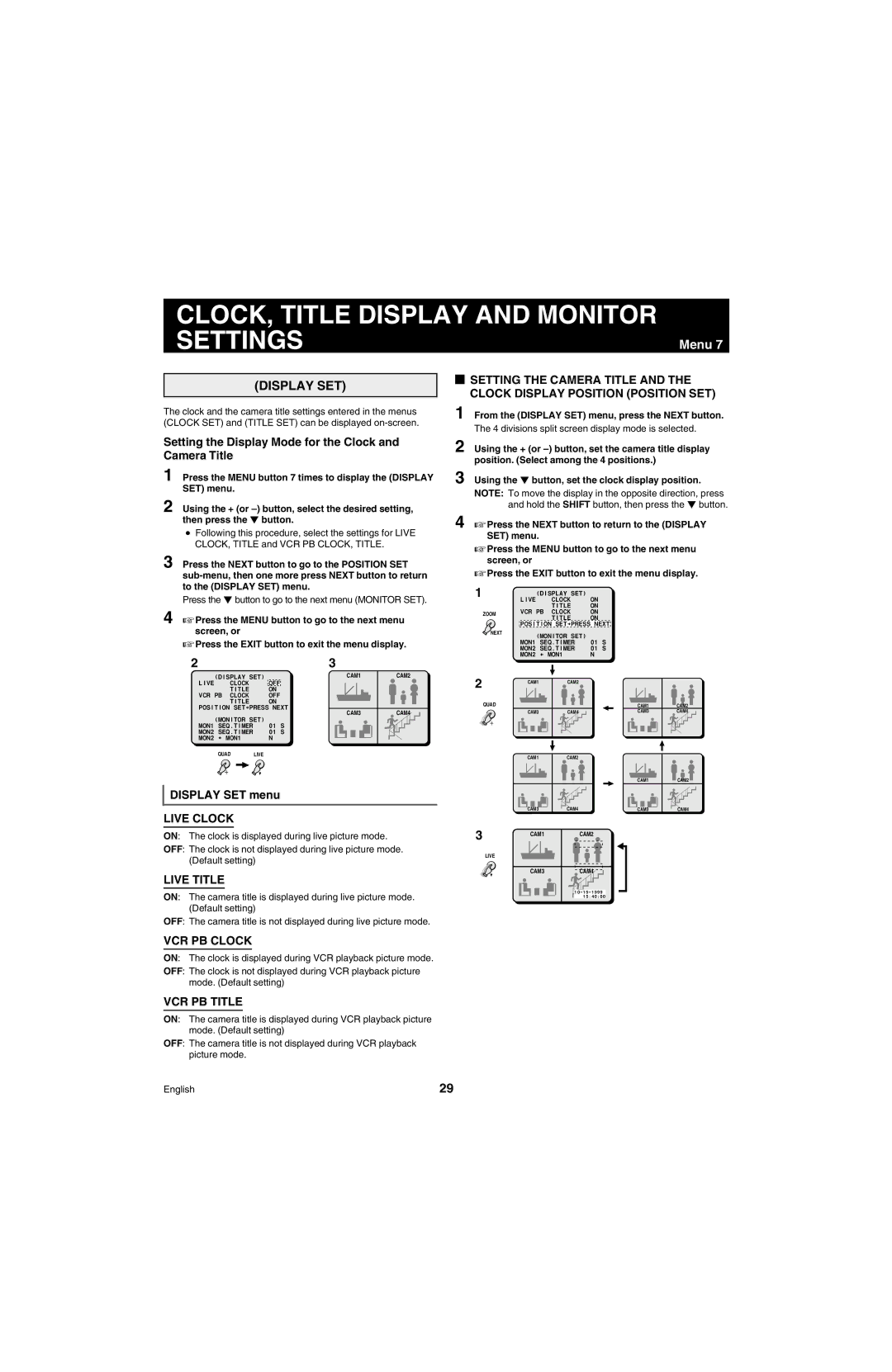 Sanyo MPX-MD4 instruction manual CLOCK, Title Display and Monitor Settings, Display SET 