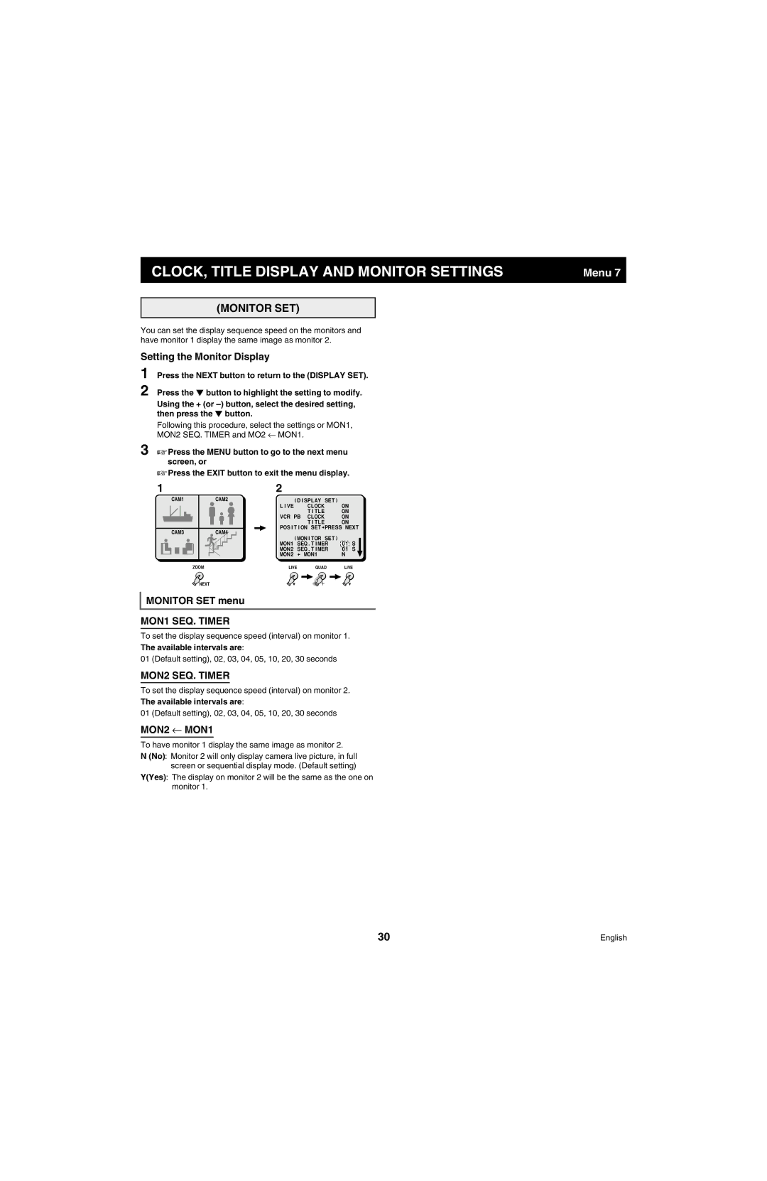 Sanyo MPX-MD4 CLOCK, Title Display and Monitor Settings, Monitor SET, MON1 SEQ. Timer, MON2 SEQ. Timer, MON2 ← MON1 