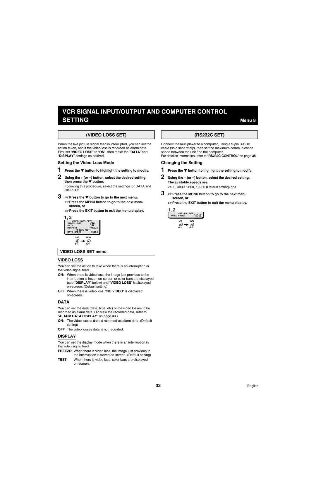 Sanyo MPX-MD4 instruction manual VCR Signal INPUT/OUTPUT and Computer Control Setting, Video Loss SET, RS232C SET, Display 