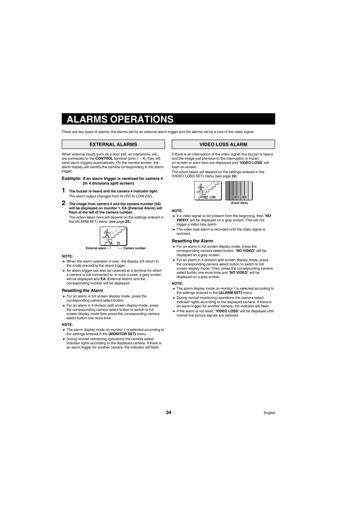 Sanyo MPX-MD4 instruction manual Alarms Operations, External Alarms Video Loss Alarm, Resetting the Alarm 