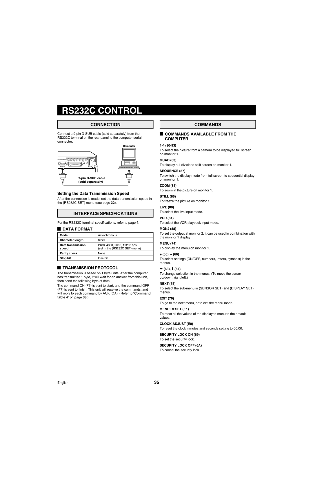 Sanyo MPX-MD4 instruction manual RS232C Control, Connection, Interface Specifications, Commands 