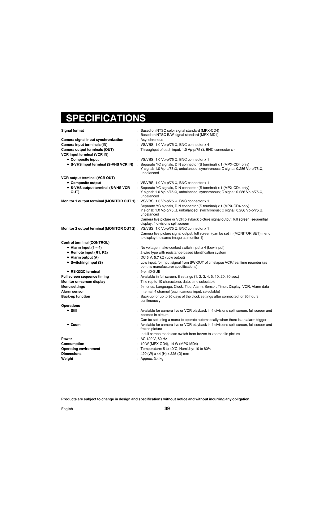 Sanyo MPX-MD4 instruction manual Specifications, Signal format 