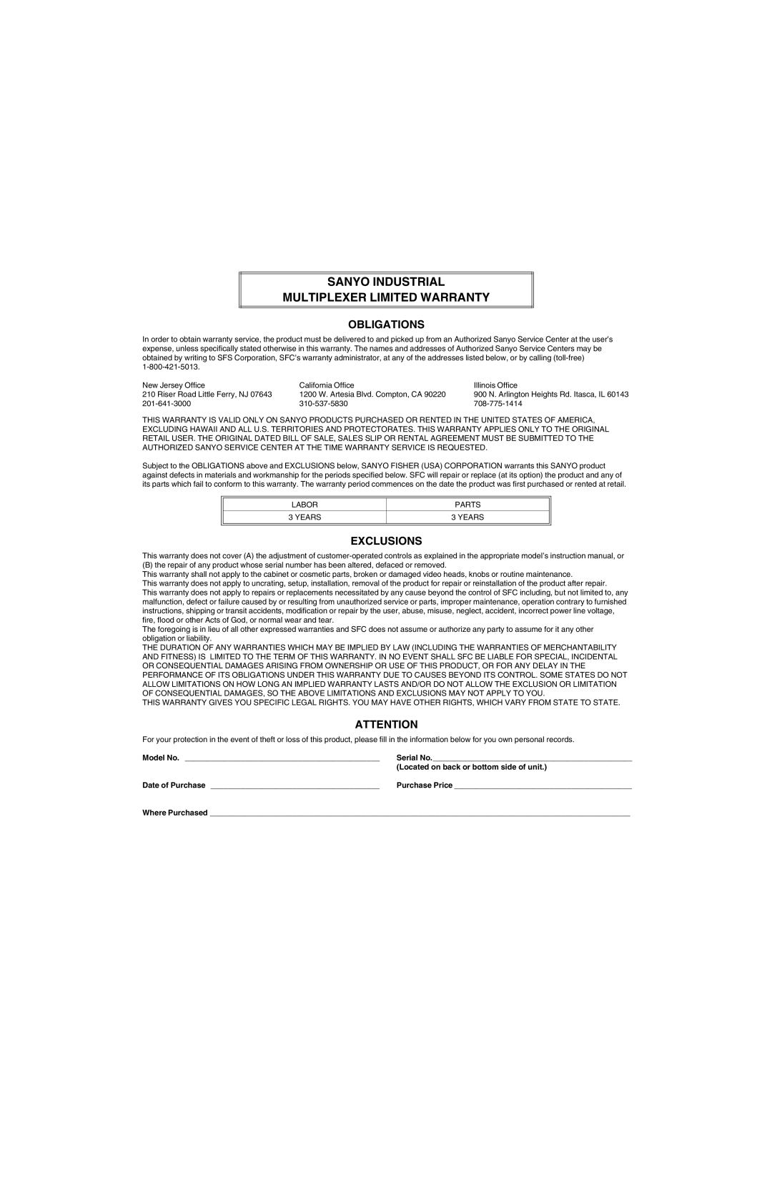 Sanyo MPX-MD4 instruction manual Obligations, Exclusions 