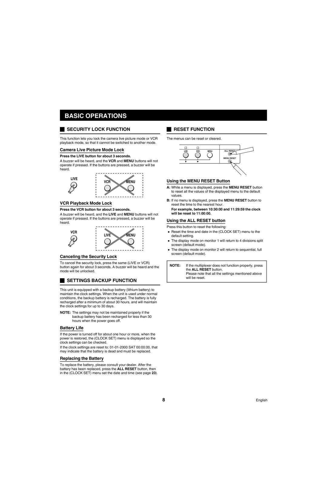 Sanyo MPX-MD4 instruction manual Basic Operations, Security Lock Function, Reset Function, Settings Backup Function 