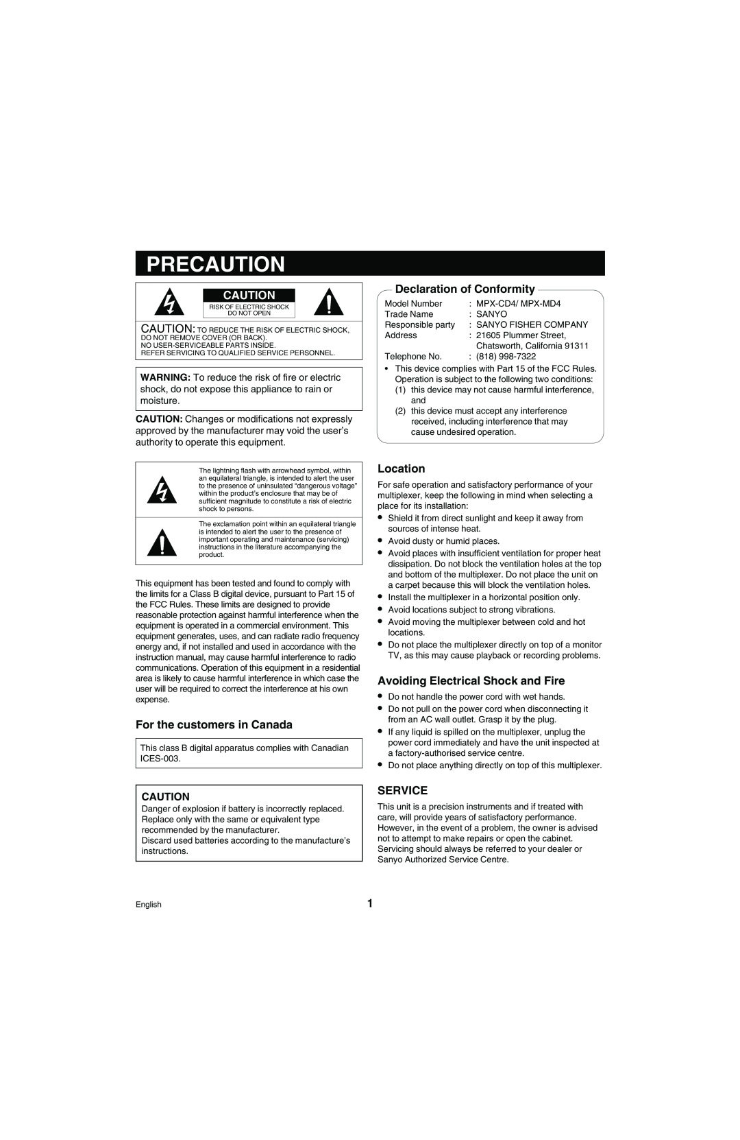 Sanyo MPX-MD4 instruction manual Precaution, For the customers in Canada, Declaration of Conformity, Location, Service 