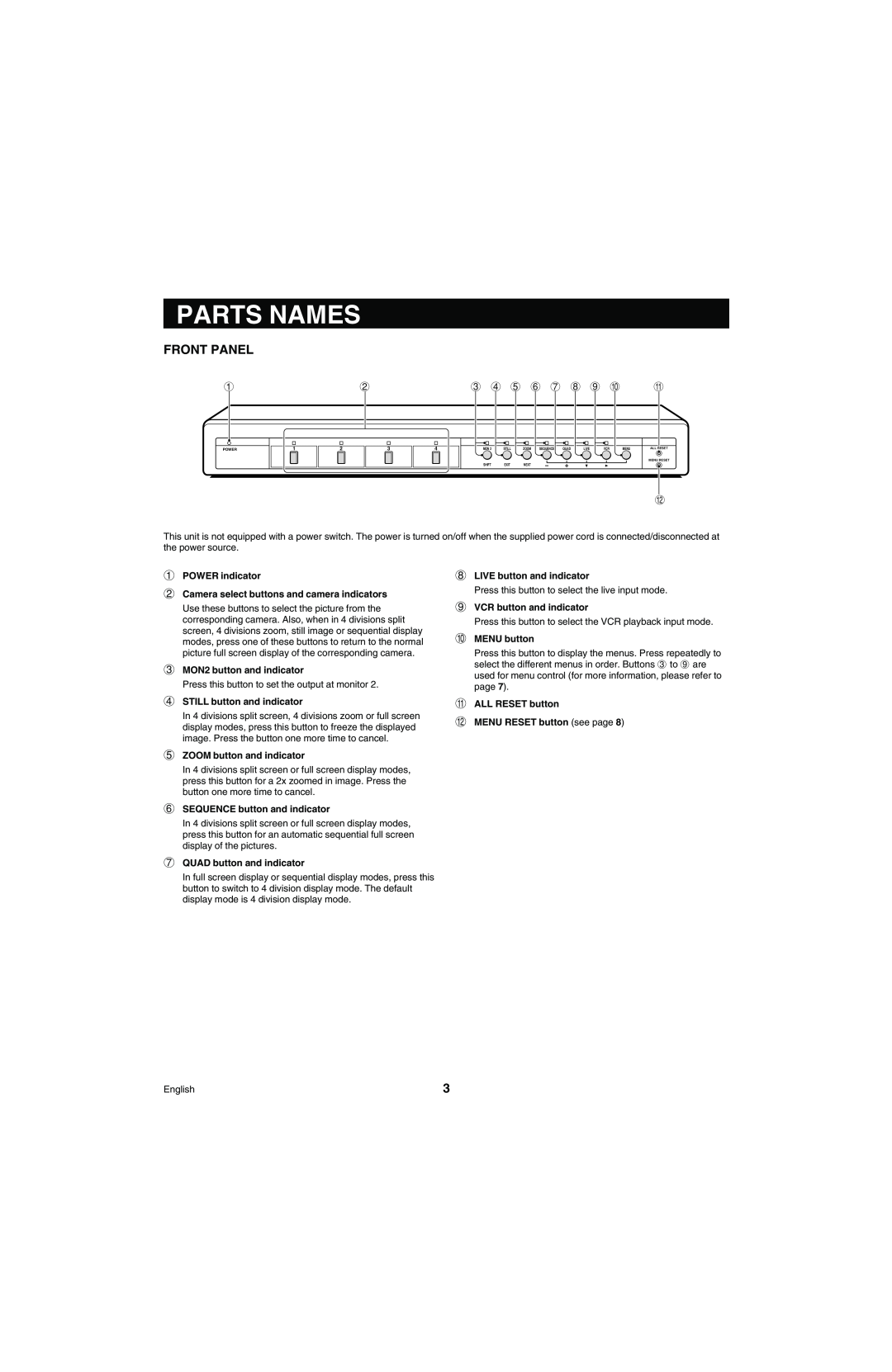 Sanyo MPX-MD4 instruction manual Parts Names, Front Panel, 3 4 5 6 7 8 9 F G 