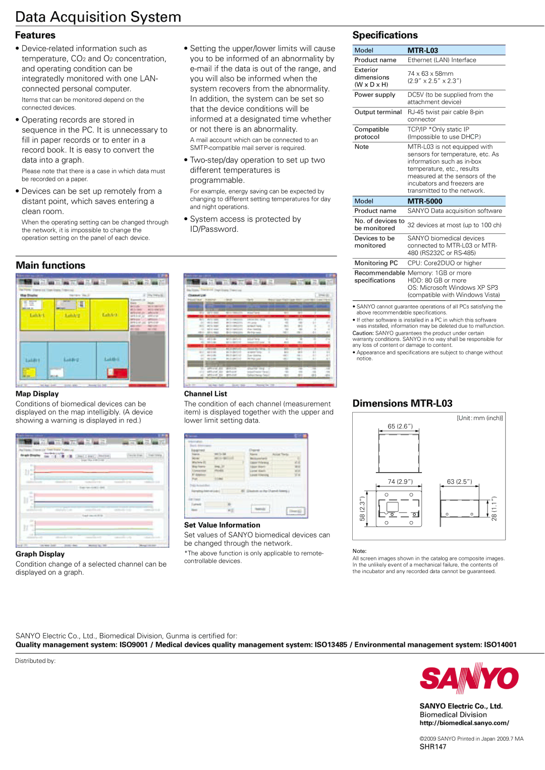 Sanyo MTR-5000 manual Features, Specifications, Main functions, Dimensions MTR-L03 