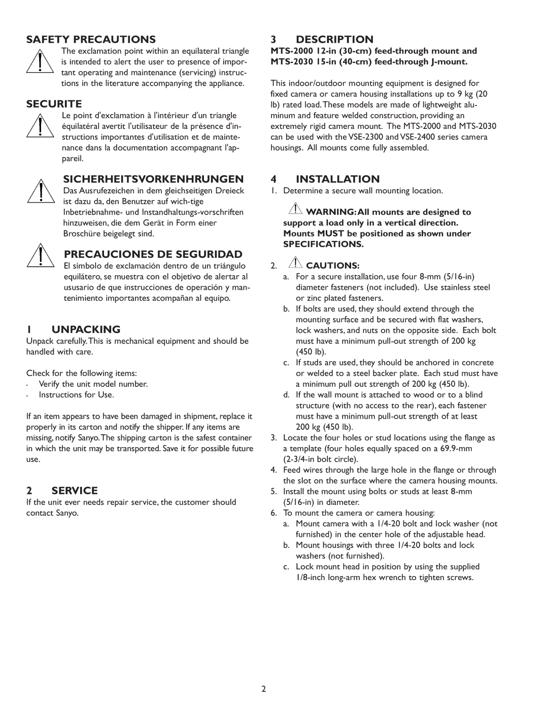 Sanyo MTS-2030 Safety Precautions, Securite, Description, Sicherheitsvorkenhrungen, Precauciones DE Seguridad, Unpacking 