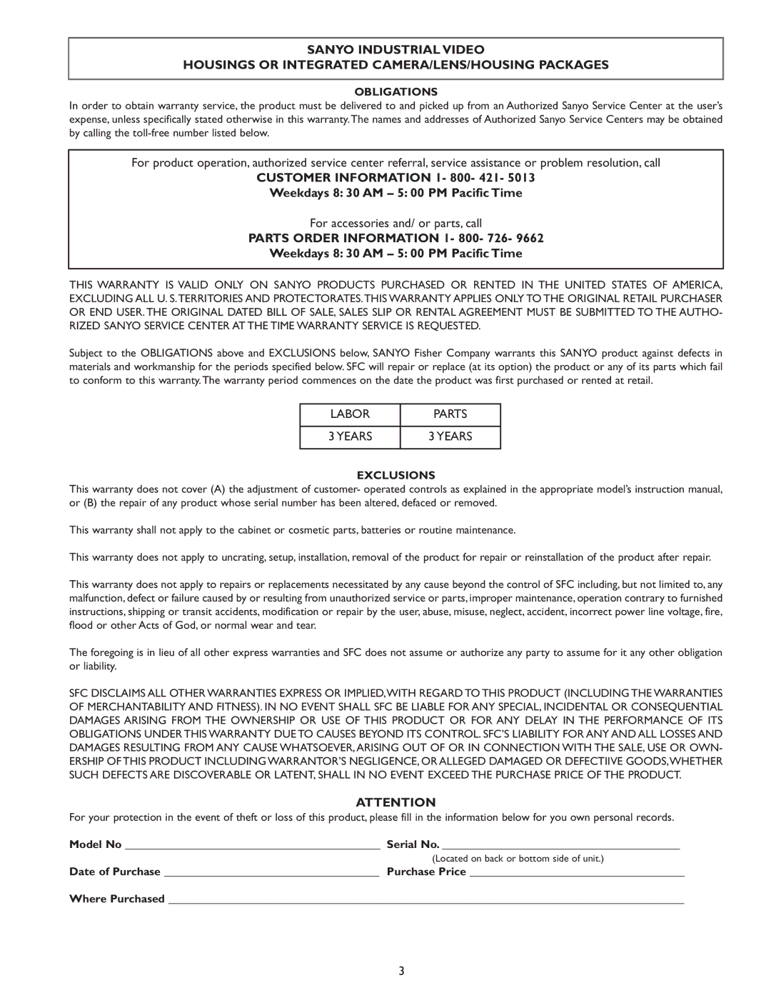 Sanyo MTS-2000, MTS-2030 instruction manual Parts Order Information 1- 800- 726, Obligations 