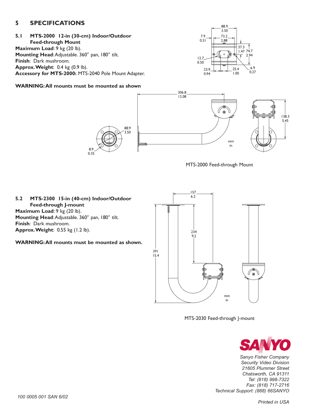 Sanyo MTS-2030 instruction manual Specifications, MTS-2000 12-in 30-cm Indoor/Outdoor Feed-through Mount 