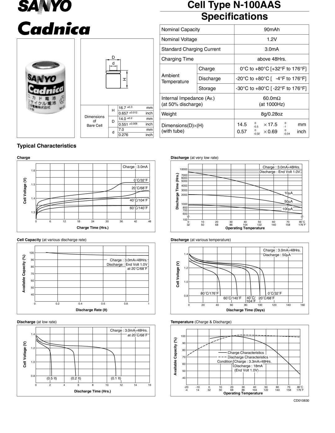 Sanyo specifications Cell Type N-100AAS Specifications 