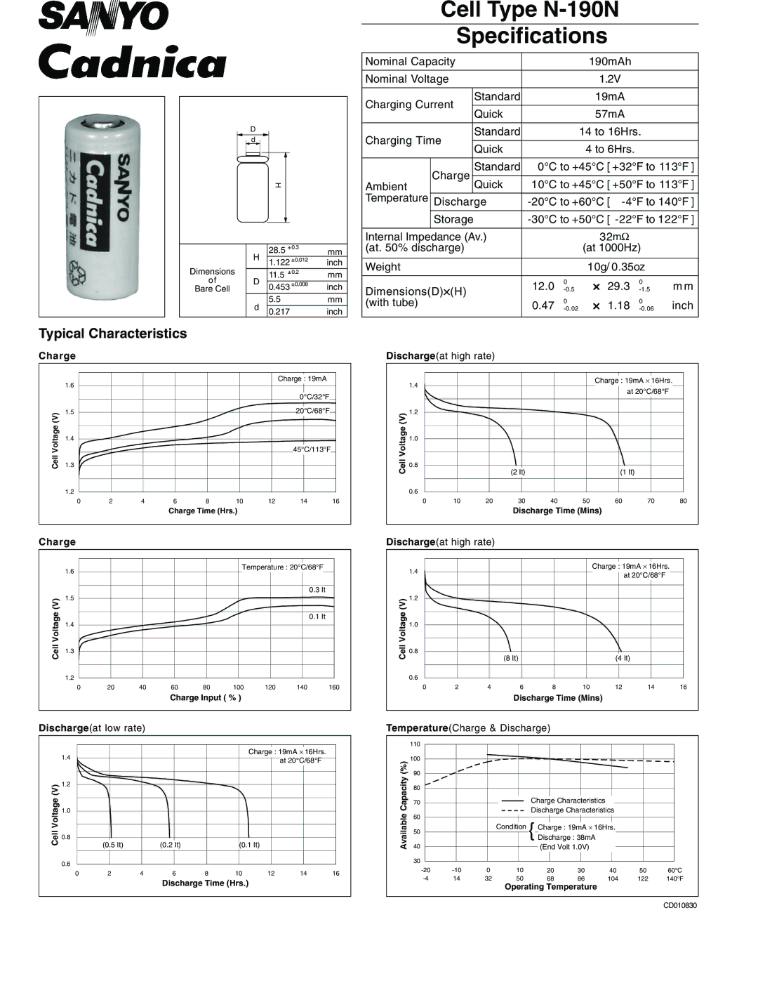 Sanyo specifications Cell Type N-190N Specifications, Typical Characteristics 