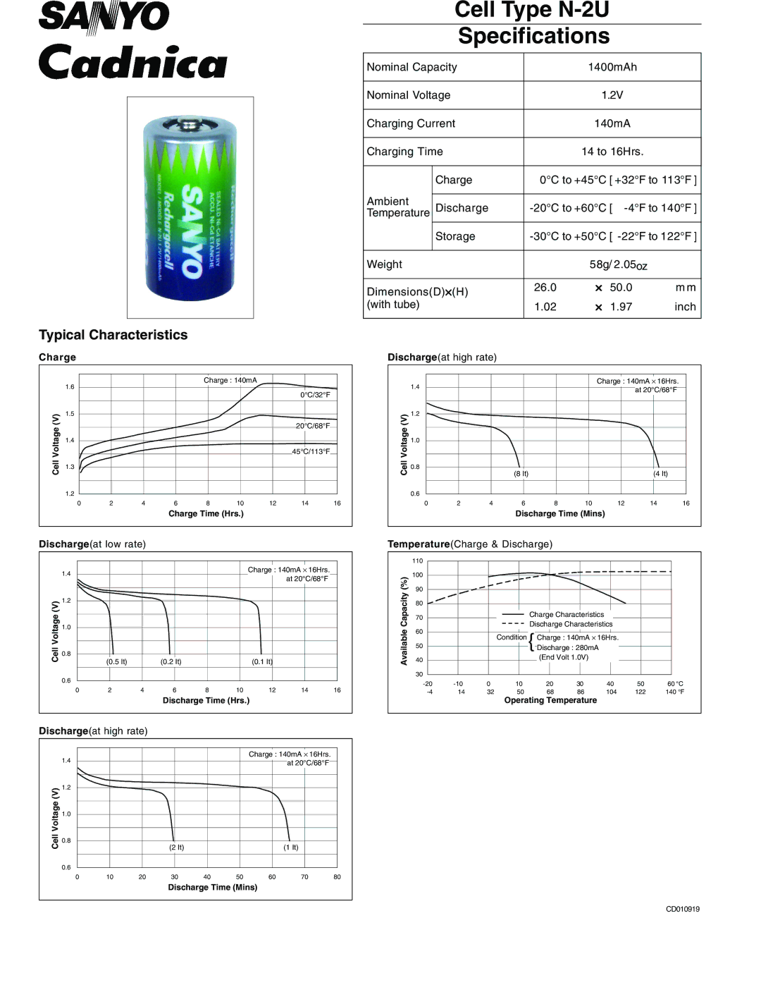 Sanyo specifications Cell Type N-2U Specifications, Temperature, Dischargeat high rate, Dischargeat low rate 