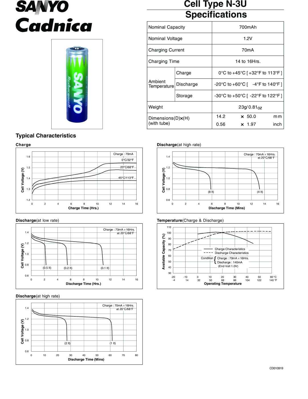 Sanyo specifications Cell Type N-3U Specifications, Temperature, Dischargeat high rate, Dischargeat low rate 