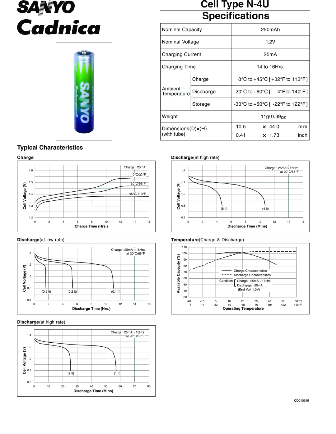 Sanyo specifications Cell Type N-4U Specifications, Temperature, Dischargeat high rate, Dischargeat low rate 