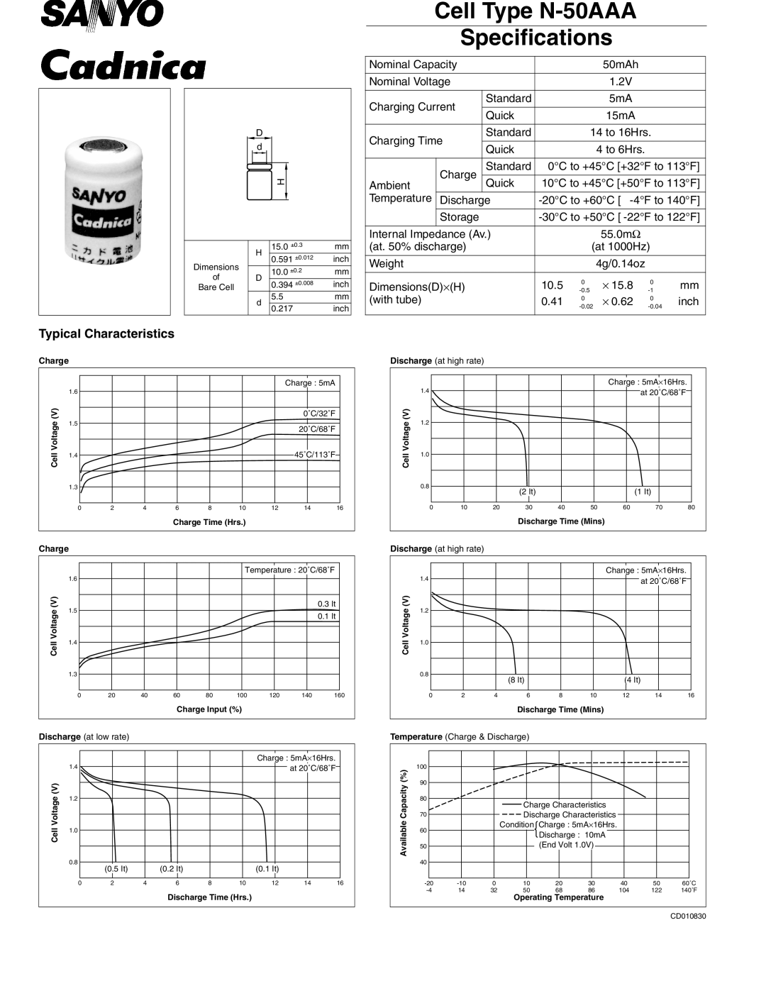 Sanyo specifications Cell Type N-50AAA Specifications 