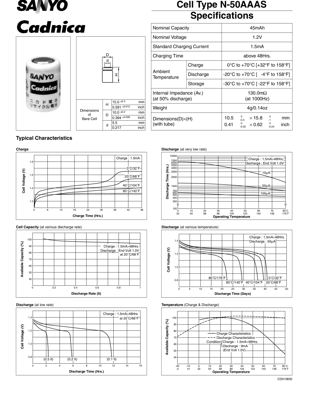 Sanyo specifications Cell Type N-50AAAS Specifications 