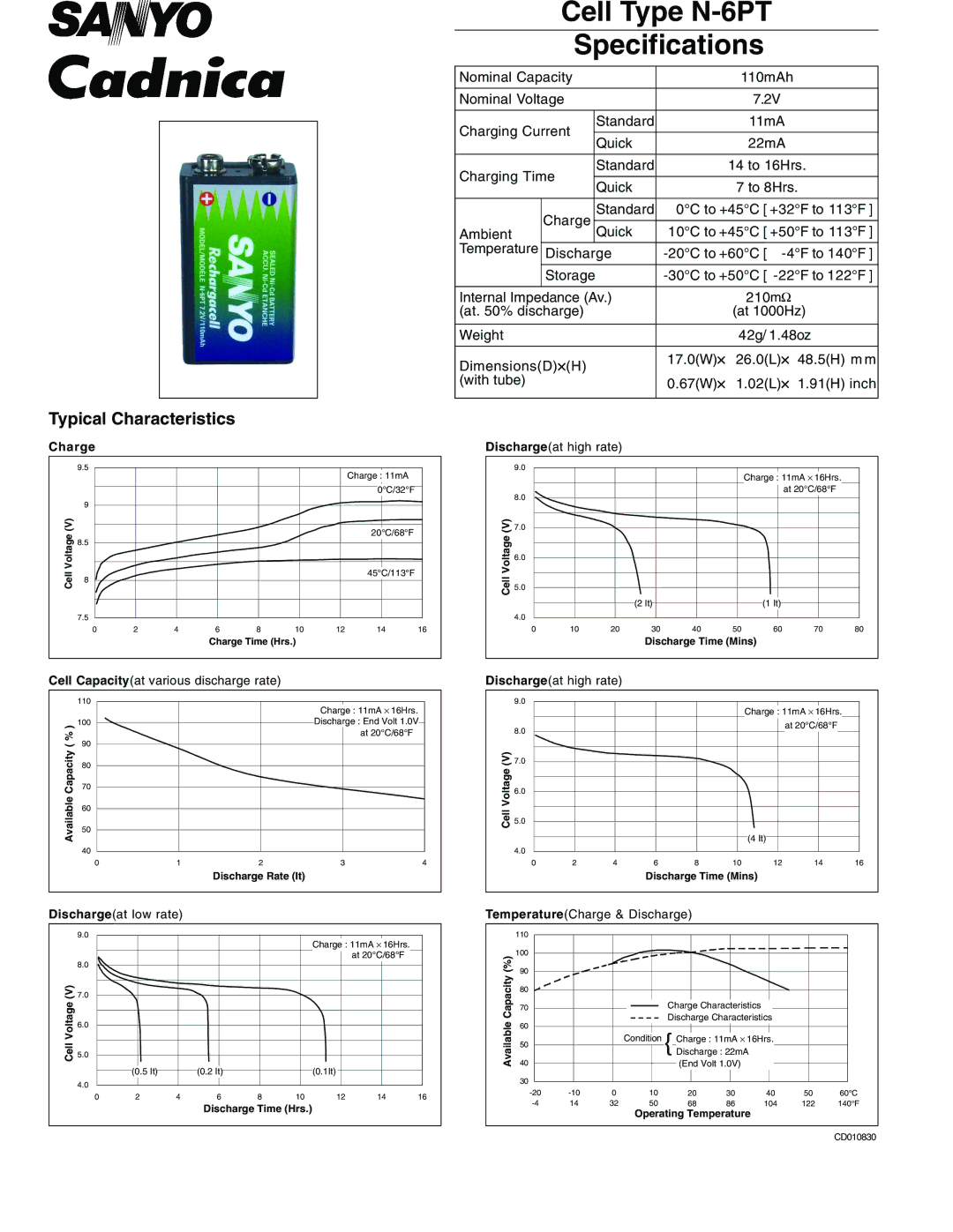 Sanyo specifications Cell Type N-6PT Specifications 