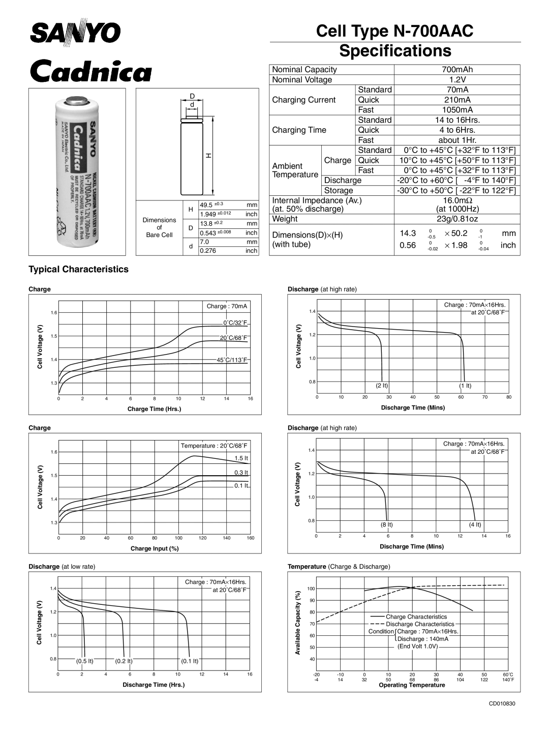 Sanyo specifications Cell Type N-700AAC Specifications 